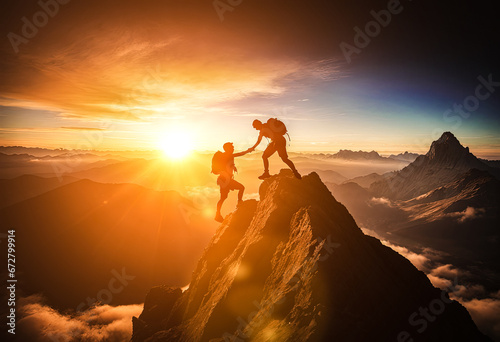 Help and assistance concept. Hiker helping friend reach mountain top, thanks to mutual assistance and teamwork. Hiker helping friend reach mountain top photo