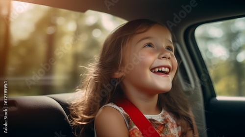 Image of a happy young girl in a child car seat with a seat belt.