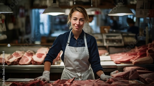 Image of a woman butcher at work in a butcher shop.