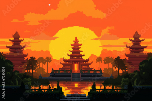 Temple, in Retro Video Game Style Pixel Art