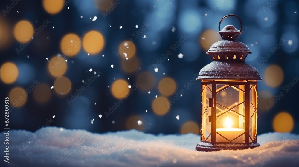 Cozy Christmas composition with a lantern on a snow with a place for a text and bokeh background. AI generative Cozy Christmas composition with a lantern on a snow with a place for a text and bokeh background. AI generative