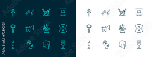 Set line King crown, Medieval helmet, throne, Trumpet with flag, Shield swords, axe and catapult icon. Vector