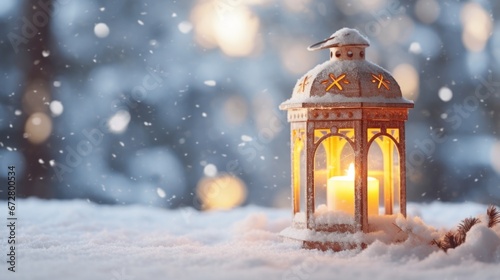Cozy Christmas composition with a lantern on a snow with a place for a text and bokeh background. AI generative © tiena