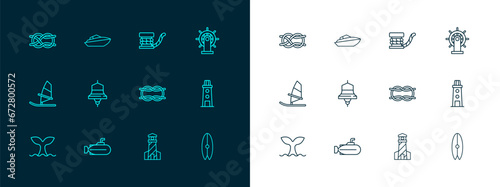 Set line Ship steering wheel, Submarine, Nautical rope knots, Lighthouse, bell, Marine bollard with, and Speedboat icon. Vector