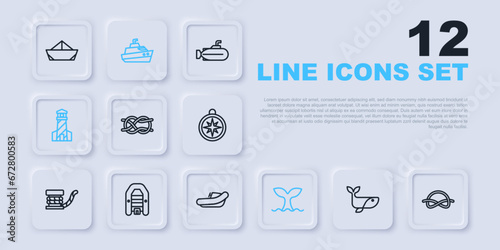 Set line Whale, Nautical rope knots, tail, Lighthouse, Inflatable boat with motor, Speedboat and icon. Vector
