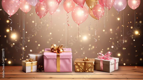 Girls birthday background with pink balloons and gifts on wooden background.