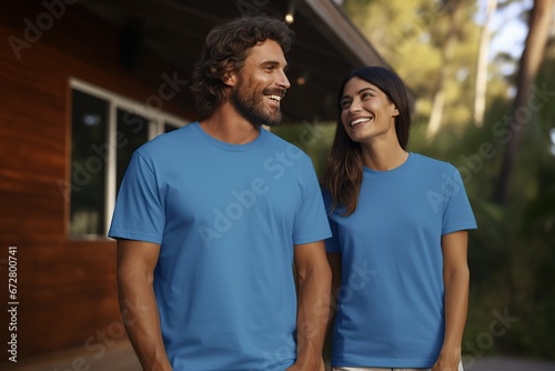 mockup of a man and woman wearing solid blue Unisex Heavy Cotton Tee, blue t-shirt mockup, Generative Ai 
