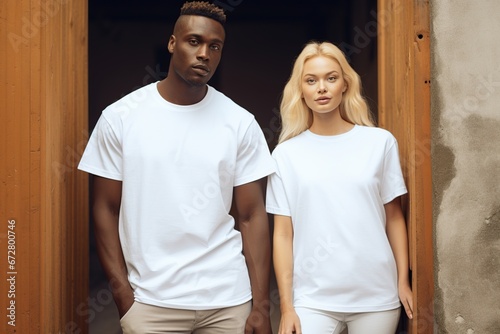 mockup of a man and woman wearing solid white Unisex Heavy Cotton Tee, white t-shirt mockup, Generative Ai 