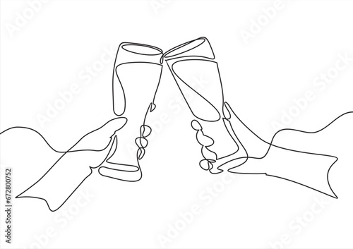 Continuous one line drawing of hands of two people clinking beer glasses in flat design