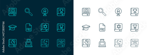 Set line Book, Inkwell, Jewish torah book, Holy of Koran, FB2 File, Microphone, User manual and Magnifying glass icon. Vector