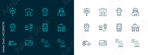 Set line Taxi driver, Credit card, mobile app, Route location, Location taxi, Road sign for stand and Garage icon. Vector
