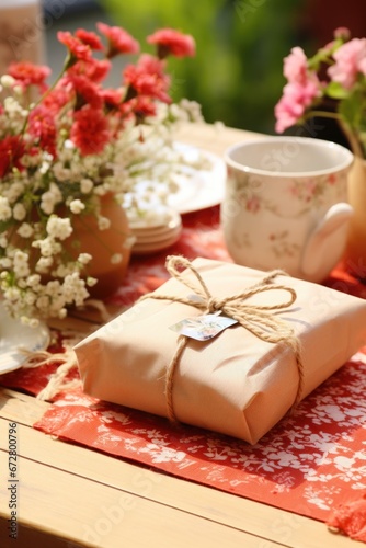 A present wrapped in brown paper sitting on a table. Suitable for gift-giving occasions or celebrations.