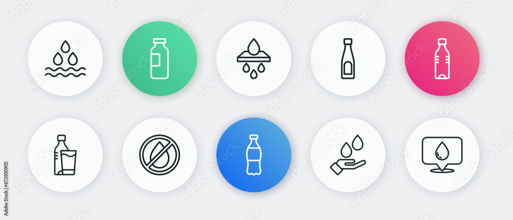 Set line Bottle of water, with glass, Washing hands soap, Water filter cartridge, drop location and forbidden icon. Vector