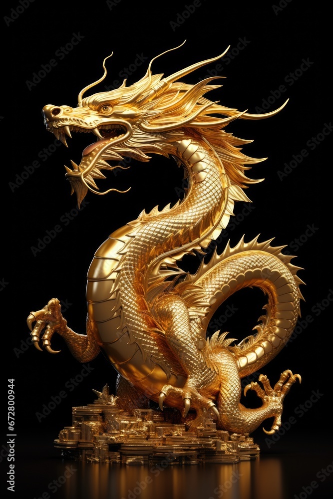 A stunning golden dragon statue resting on a pile of gleaming coins. Perfect for depicting wealth, power, and prosperity. Ideal for financial, business, or fantasy-themed projects.