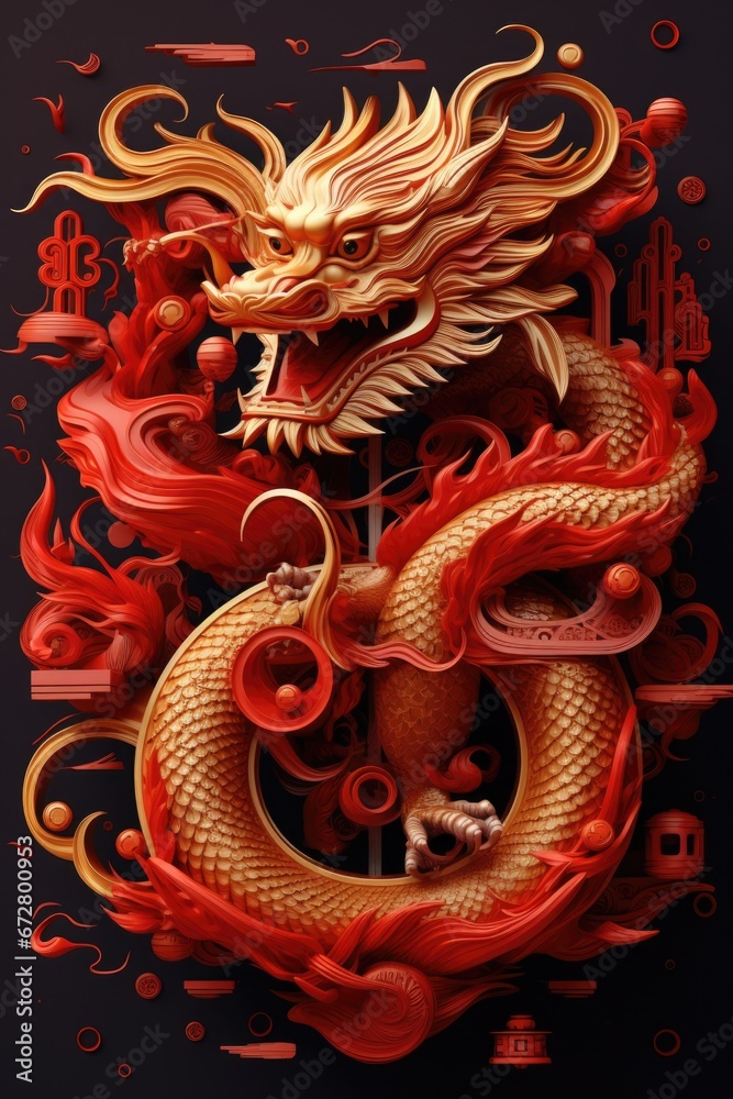 A striking image featuring a red and gold dragon against a dramatic black background. Perfect for adding a touch of fantasy and power to any design project. A striking image featuring a red and gold dragon against a dramatic black background. Perfect for adding a touch of fantasy and power to any design project.