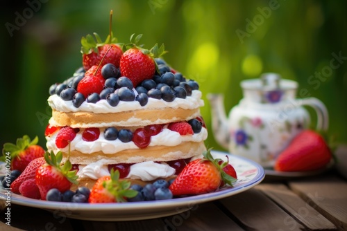 A delicious cake adorned with fresh strawberries and blueberries  perfect for any occasion. This image can be used to showcase desserts  food blogs  recipe websites  or to promote bakery businesses.