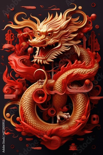 A striking image featuring a red and gold dragon against a dramatic black background. Perfect for adding a touch of fantasy and power to any design project.
