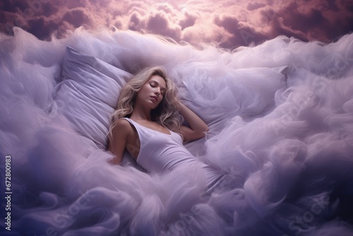 Une magnifique jeune femme endormie dans un lit douillet conceptuel