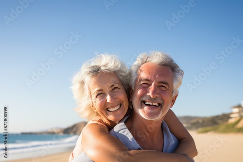 Un couple senior, amoureux qui s'enlace sur la plage sous un beau ciel bleu d'été, image avec espace pour texte.