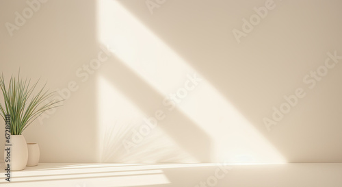 Abstract showroom overlay for product placement. pastel creamy beige stage with soft natural abstract diagonal window light and shadows. Product placement stage mockup. Generative AI
