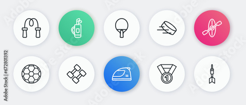 Set line Racing helmet, Kayak and paddle, Soccer football ball, Medal, Hockey puck, Racket, Dart arrow and Dumbbell icon. Vector