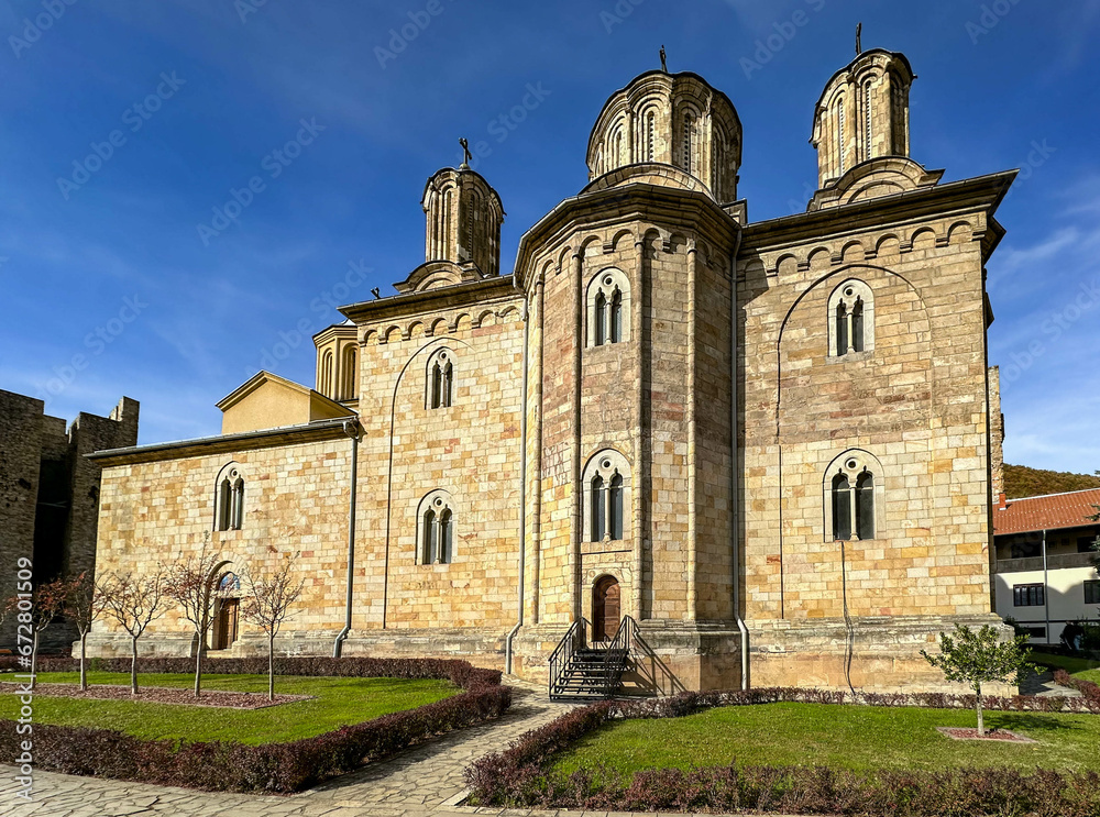 Obraz premium The Manasija Monastery also known as Resava is a Serbian Orthodox monastery near Despotovac, Serbia, founded by Despot Stefan Lazarević between 1406 and 1418