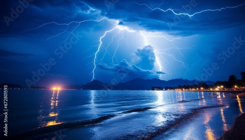 Captivating lightning bolt brilliantly illuminating dark sky on mesmerizing sea horizon.