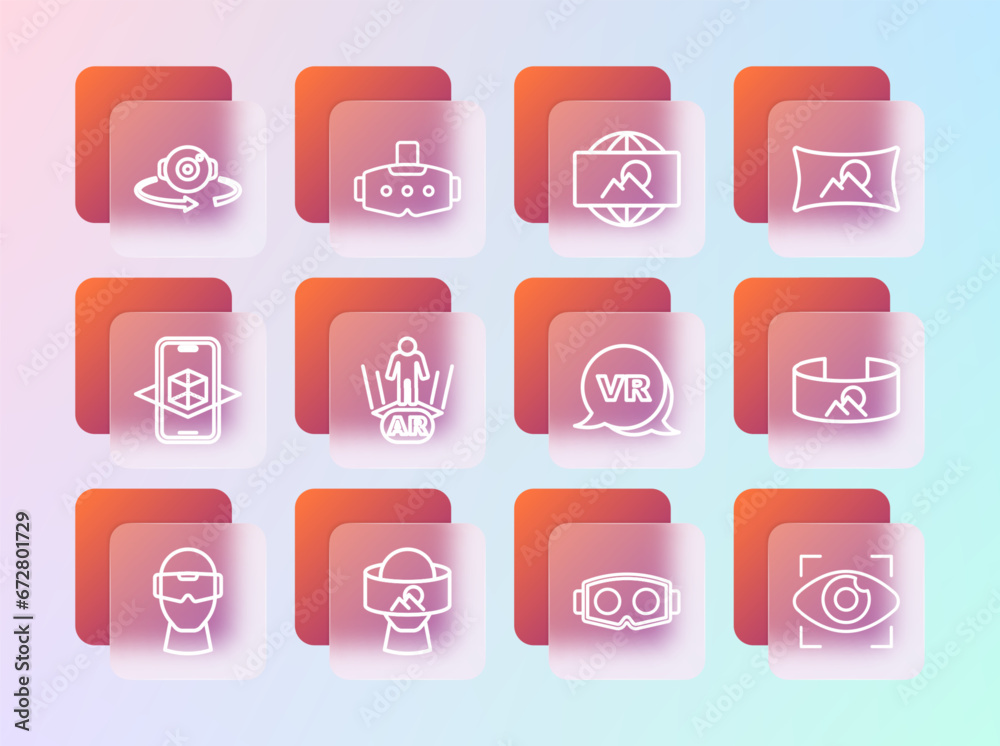 Set line Wide angle picture, Virtual reality glasses, Augmented AR, 360 degree view and icon. Vector Set line Wide angle picture, Virtual reality glasses, Augmented AR, 360 degree view and icon. Vector