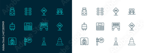 Set line Waiting hall, Cafe and restaurant location, Bridge for train, Arrow switching the railway, Train station board, Railroad crossing, and Railway, railroad track icon. Vector