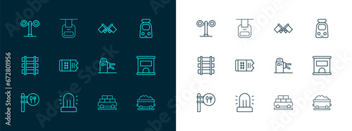 Set line Train and railway, Flasher siren, Turnstile, Cargo train wagon, ticket, Flag, traffic light and Cable car icon. Vector