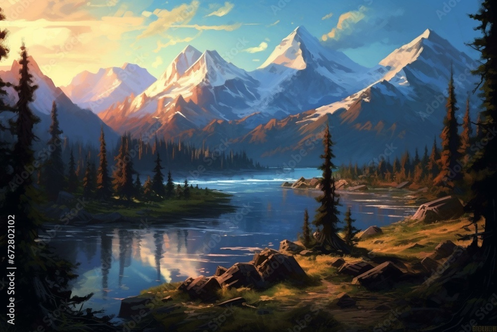 Scenic vista: mountains, lake. Generative AI