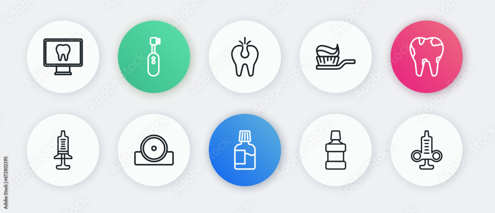 Set line Mouthwash, Broken tooth, Syringe, Toothbrush with toothpaste, and Otolaryngological head reflector icon. Vector Set line Mouthwash, Broken tooth, Syringe, Toothbrush with toothpaste, and Otolaryngological head reflector icon. Vector