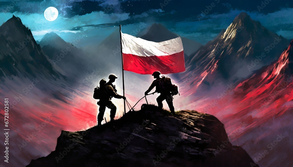 Silhouettes of soldiers placing Poland national flag on the peak of a mountain