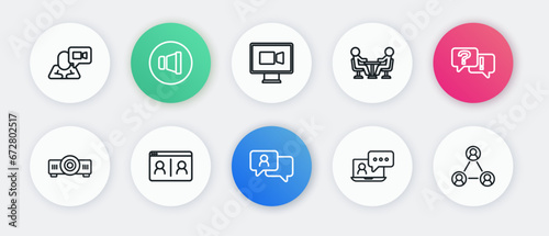 Set line Speech bubble chat, Question and Answer, Movie, film, media projector, Video conference, Meeting, and icon. Vector