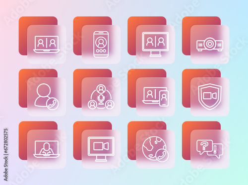 Set line Movie, film, media projector, Video chat conference, Meeting, and icon. Vector