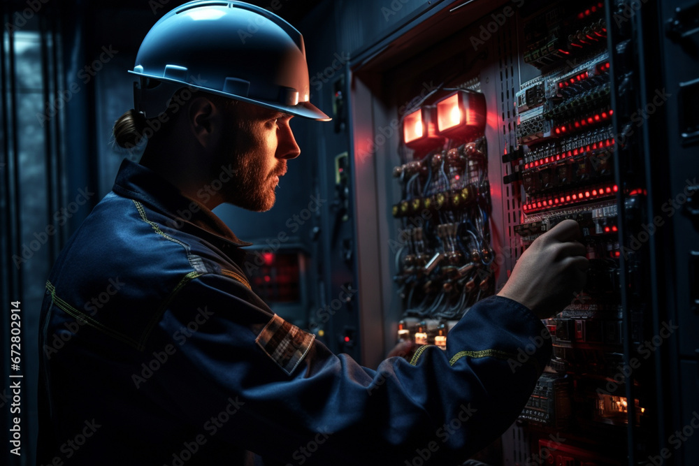 electrician near the electrical panel. generative ai. electrician near the electrical panel. generative ai.