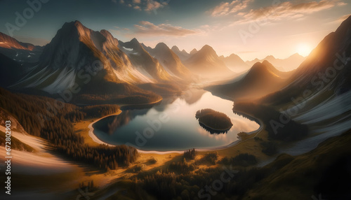Tranquil lake nestled among sunlit mountains during sunset