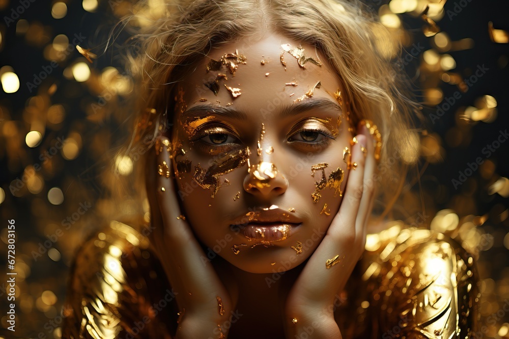 Woman Face covered by Gold Flakes Sparkles Glitters Glittering Shining Golden Bling Solid Color Dark Background 