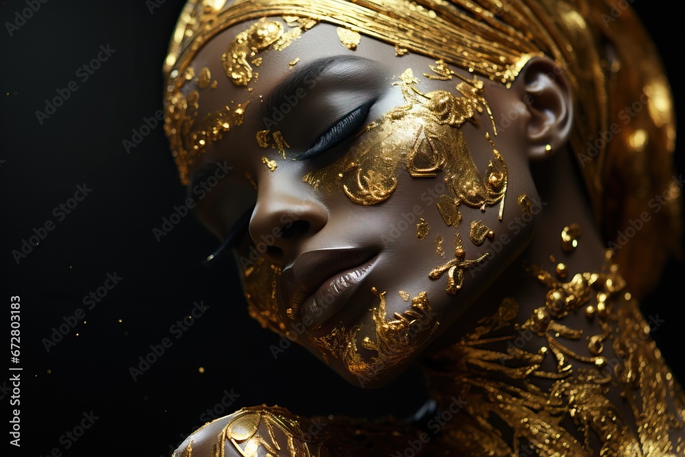 Woman Face covered by Gold Paints Flakes Sparkles Glitters Glittering Shining Golden Bling Solid Color Dark Background 