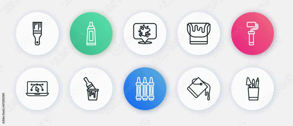 Set line Wax crayons for drawing, Paint roller brush, Computer with design program, bucket, spray, Pencil case stationery and icon. Vector Set line Wax crayons for drawing, Paint roller brush, Computer with design program, bucket, spray, Pencil case stationery and icon. Vector