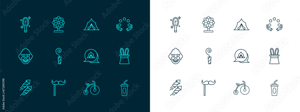 Set line Juggling ball, Paper mustache on stick, Circus tent, Vintage bicycle, Birthday party horn, Magic hand mirror and Ferris wheel icon. Vector Set line Juggling ball, Paper mustache on stick, Circus tent, Vintage bicycle, Birthday party horn, Magic hand mirror and Ferris wheel icon. Vector