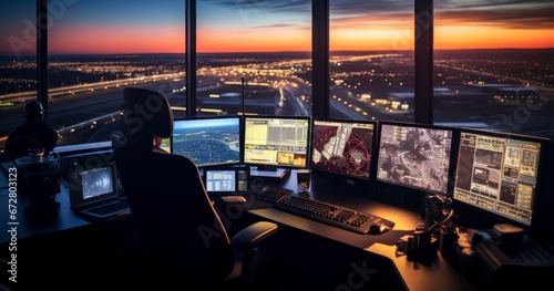 Air Traffic Controllers' Vigilant Watch from Airport Control Towers Fototapet