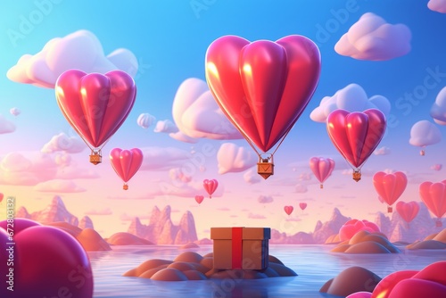 Baby boys birthday heart shaped air balloons and gift boxes flying on pink background