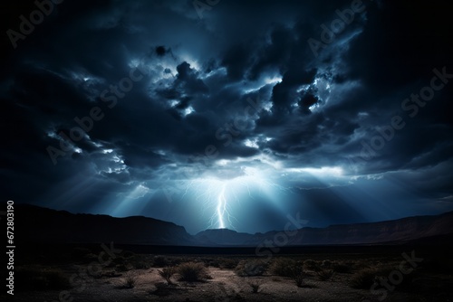 captivating landscape majestic lightning bolt illuminates dark sky over mountainous terrain