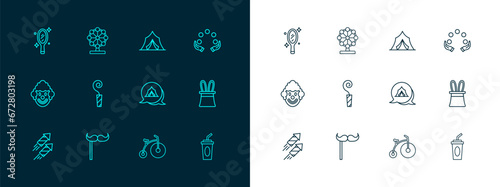 Set line Juggling ball, Paper mustache on stick, Circus tent, Vintage bicycle, Birthday party horn, Magic hand mirror and Ferris wheel icon. Vector
