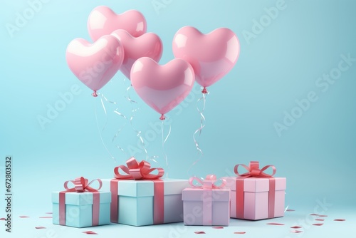 Happy birthday celebration 3d heart shaped balloons with gift boxes flying on light blue background © Viktoria