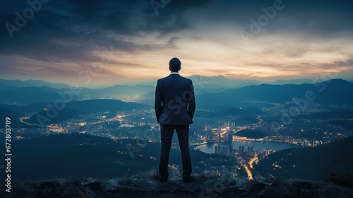 Silhouette of a businessman standing on top of a mountain, Business and success concept © ETAJOE