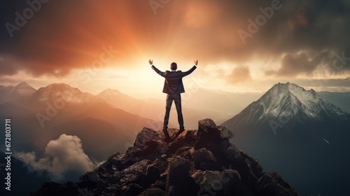 Silhouette of a businessman standing on top of a mountain  Business and success concept
