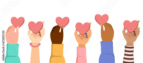 Diverse Hands Group Holding Hearts Showing Love and Support Vector Illustration. People coming together for charity and donation work