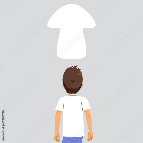 Young man standing back view choice concept. Male person with a dilemma searching for a future with a white arrow